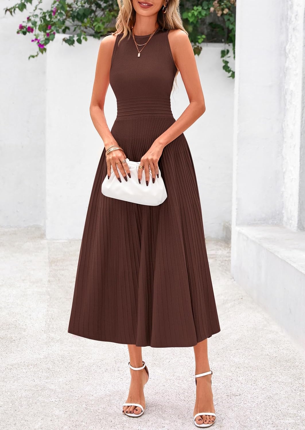 image:imagePRETTYGARDEN Womens Summer Pleated Midi Work Dress Sleeveless A Line Knit Business Dresses Spring Semi Formal Long Dress for Wedding Guest Cocktail Party Teacher OutfitsBrown