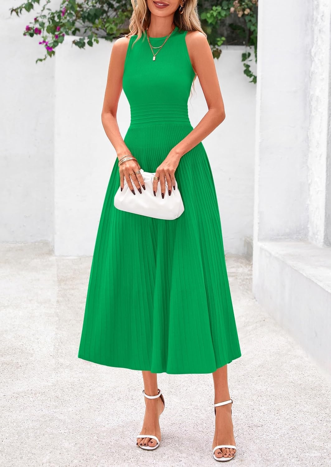 image:imagePRETTYGARDEN Womens Summer Pleated Midi Work Dress Sleeveless A Line Knit Business Dresses Spring Semi Formal Long Dress for Wedding Guest Cocktail Party Teacher OutfitsGreen