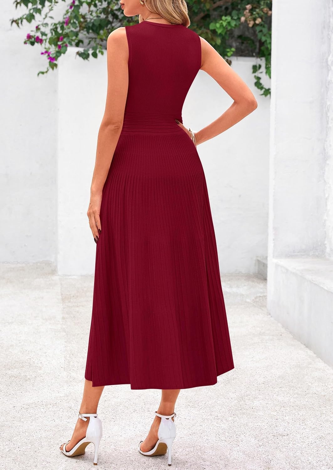 image:imagePRETTYGARDEN Womens Summer Pleated Midi Work Dress Sleeveless A Line Knit Business Dresses Spring Semi Formal Long Dress for Wedding Guest Cocktail Party Teacher OutfitsBurgundy