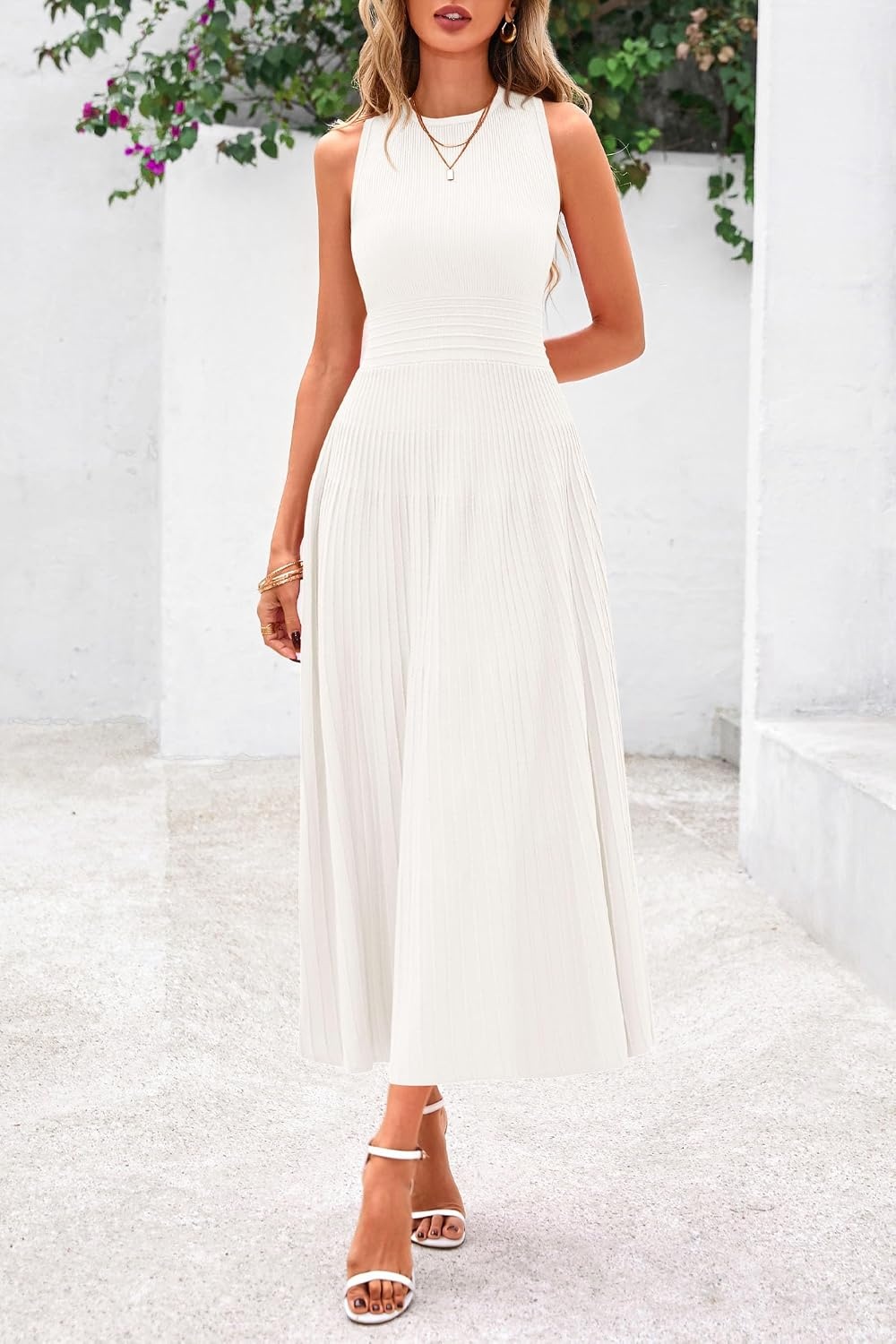 image:imagePRETTYGARDEN Womens Summer Pleated Midi Work Dress Sleeveless A Line Knit Business Dresses Spring Semi Formal Long Dress for Wedding Guest Cocktail Party Teacher OutfitsWhite