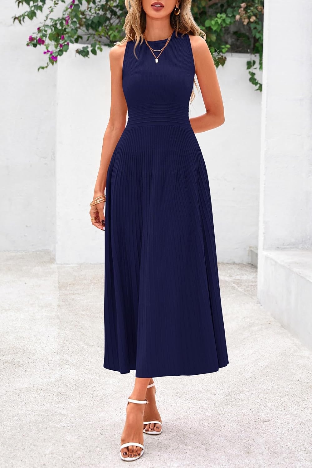 image:imagePRETTYGARDEN Womens Summer Pleated Midi Work Dress Sleeveless A Line Knit Business Dresses Spring Semi Formal Long Dress for Wedding Guest Cocktail Party Teacher OutfitsNavy