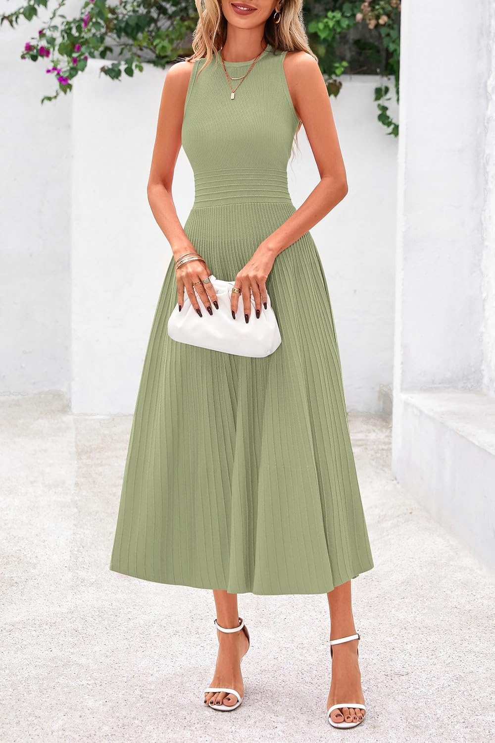 image:imagePRETTYGARDEN Womens Summer Pleated Midi Work Dress Sleeveless A Line Knit Business Dresses Spring Semi Formal Long Dress for Wedding Guest Cocktail Party Teacher OutfitsMist Green