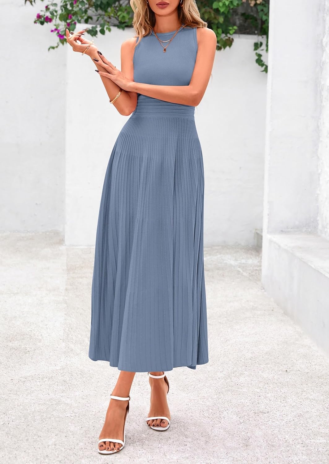 image:imagePRETTYGARDEN Womens Summer Pleated Midi Work Dress Sleeveless A Line Knit Business Dresses Spring Semi Formal Long Dress for Wedding Guest Cocktail Party Teacher OutfitsBlue Grey