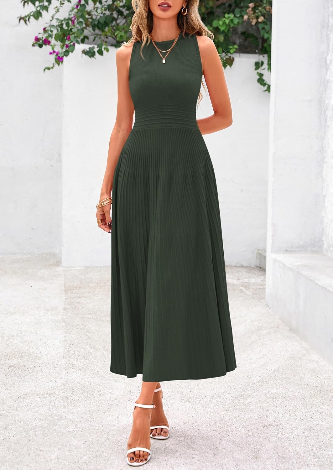 image:imagePRETTYGARDEN Womens Summer Pleated Midi Work Dress Sleeveless A Line Knit Business Dresses Spring Semi Formal Long Dress for Wedding Guest Cocktail Party Teacher OutfitsArmy Green