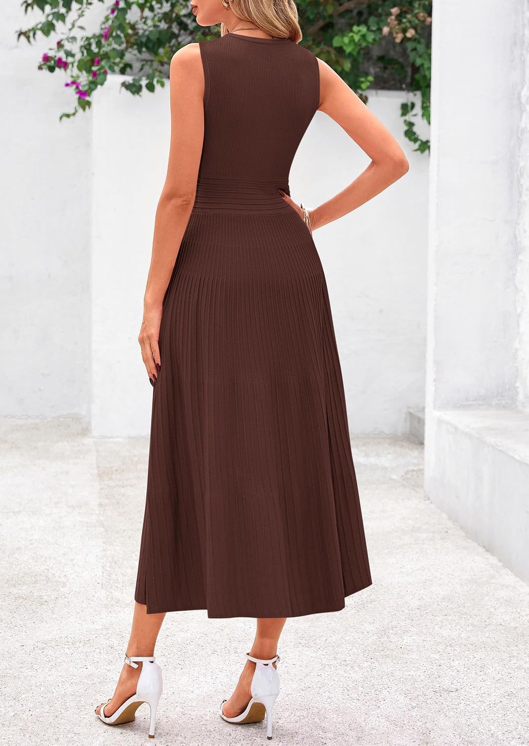image:imagePRETTYGARDEN Womens Summer Pleated Midi Work Dress Sleeveless A Line Knit Business Dresses Spring Semi Formal Long Dress for Wedding Guest Cocktail Party Teacher OutfitsBrown