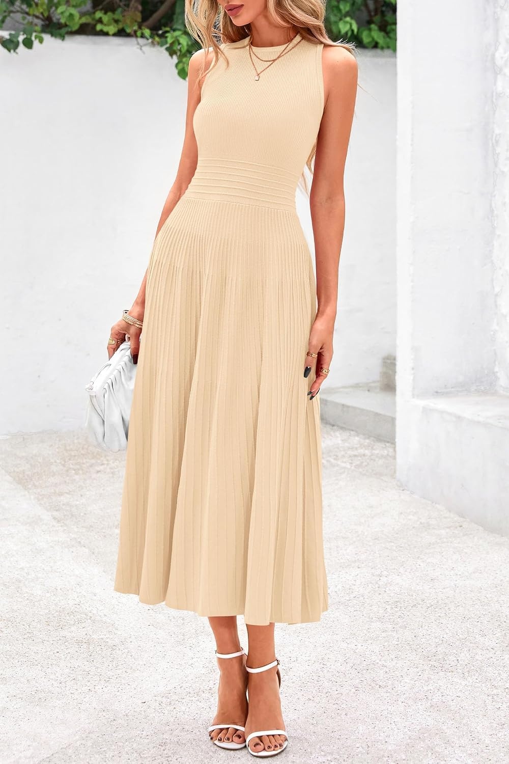 image:imagePRETTYGARDEN Womens Summer Pleated Midi Work Dress Sleeveless A Line Knit Business Dresses Spring Semi Formal Long Dress for Wedding Guest Cocktail Party Teacher OutfitsApricot