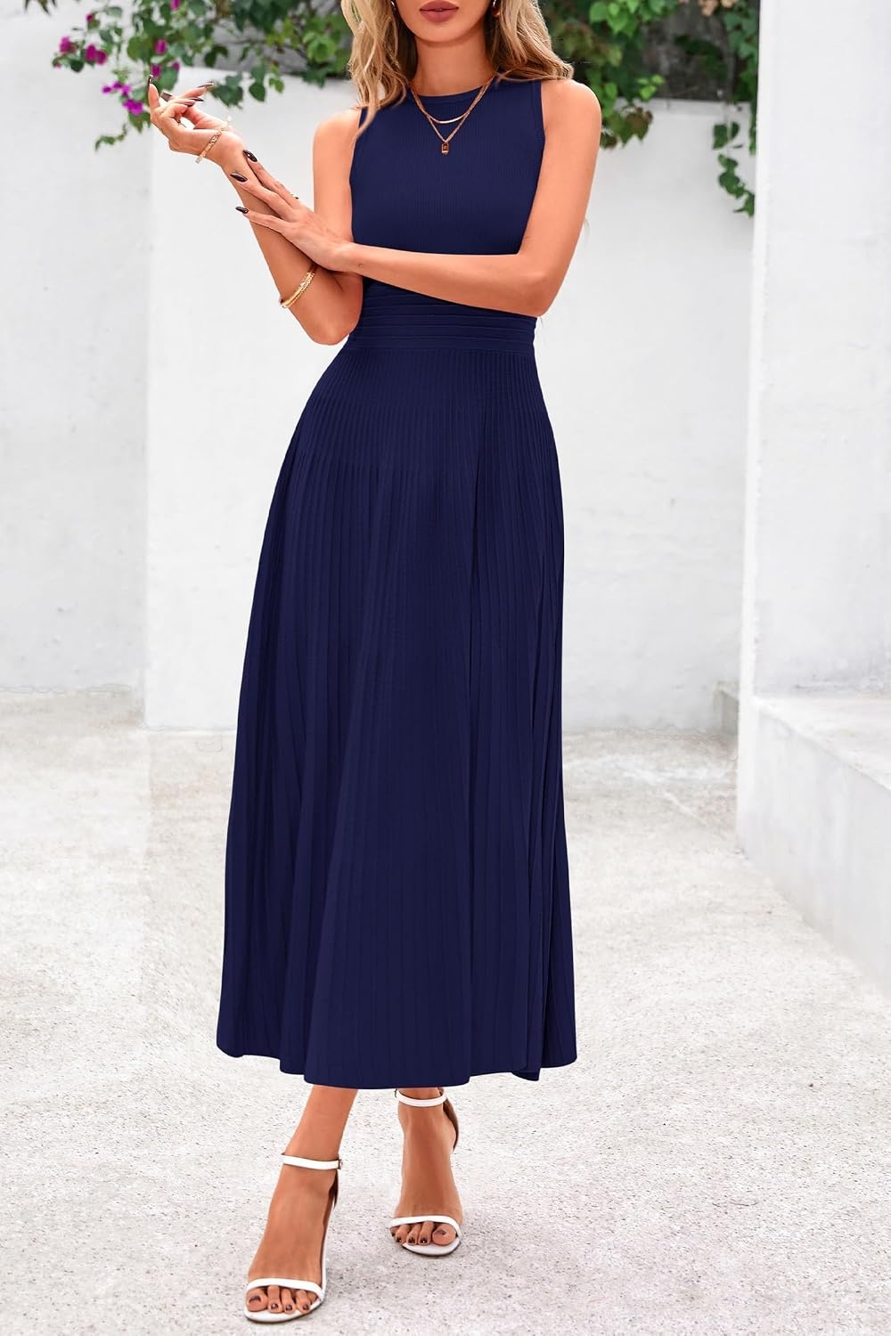 image:imagePRETTYGARDEN Womens Summer Pleated Midi Work Dress Sleeveless A Line Knit Business Dresses Spring Semi Formal Long Dress for Wedding Guest Cocktail Party Teacher OutfitsNavy