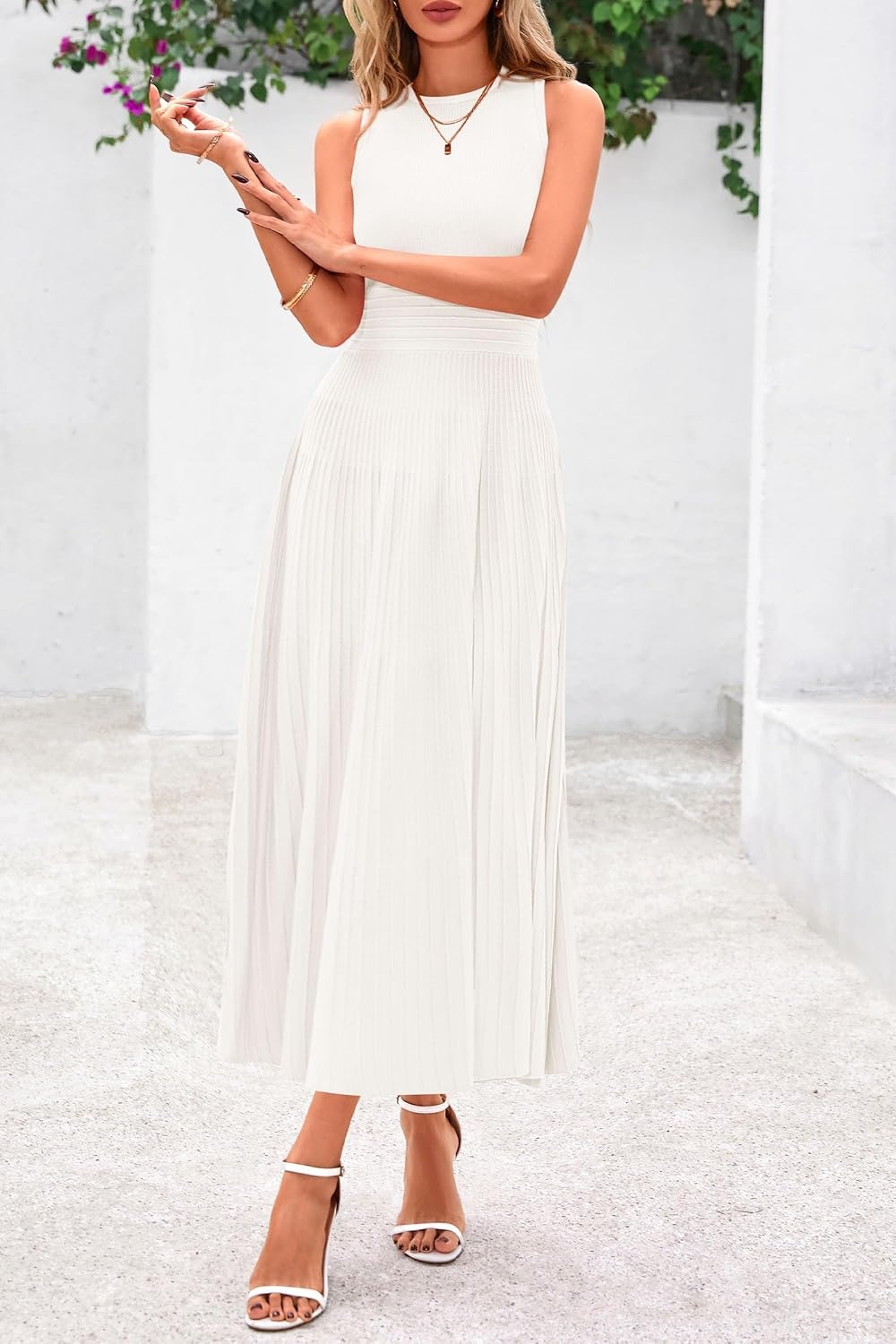 image:imagePRETTYGARDEN Womens Summer Pleated Midi Work Dress Sleeveless A Line Knit Business Dresses Spring Semi Formal Long Dress for Wedding Guest Cocktail Party Teacher OutfitsWhite