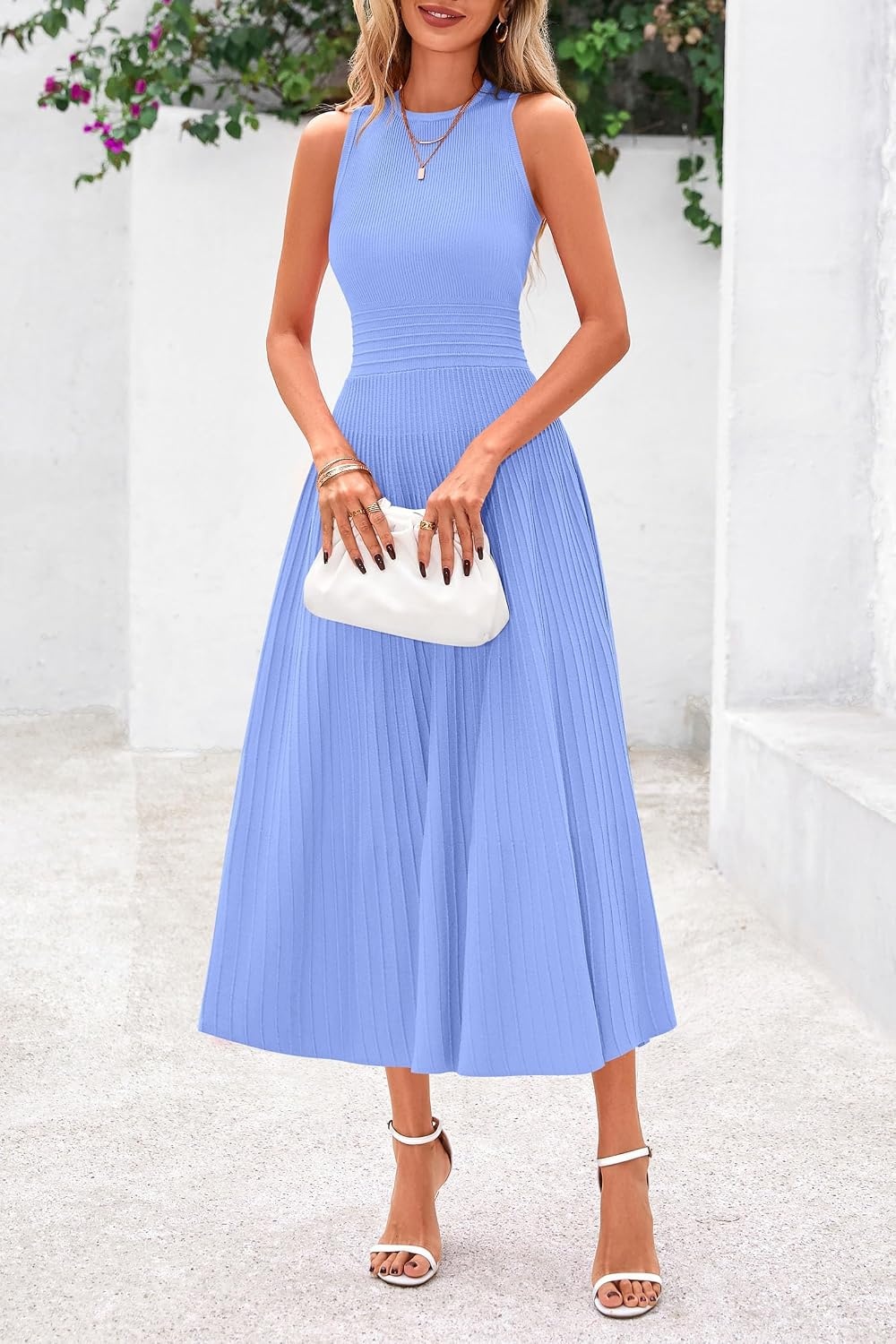 image:imagePRETTYGARDEN Womens Summer Pleated Midi Work Dress Sleeveless A Line Knit Business Dresses Spring Semi Formal Long Dress for Wedding Guest Cocktail Party Teacher OutfitsSky Blue