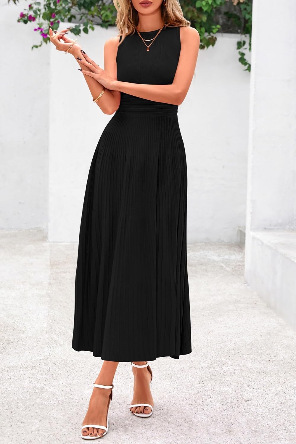 image:imagePRETTYGARDEN Womens Summer Pleated Midi Work Dress Sleeveless A Line Knit Business Dresses Spring Semi Formal Long Dress for Wedding Guest Cocktail Party Teacher OutfitsBlack