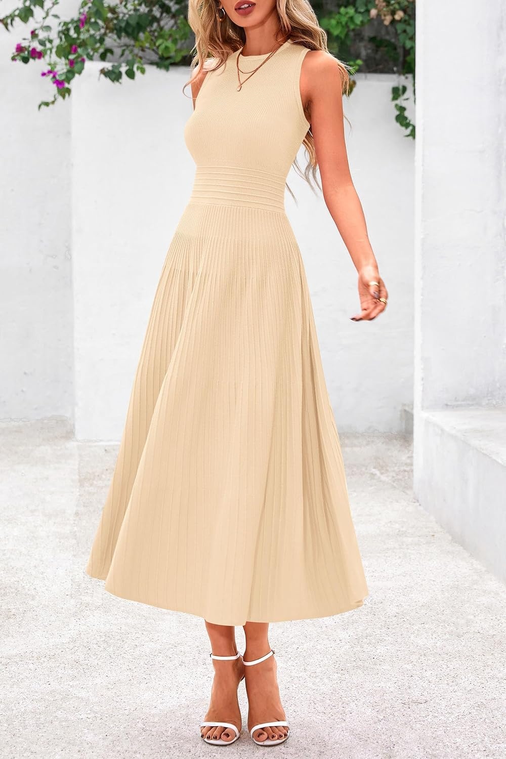 image:imagePRETTYGARDEN Womens Summer Pleated Midi Work Dress Sleeveless A Line Knit Business Dresses Spring Semi Formal Long Dress for Wedding Guest Cocktail Party Teacher OutfitsApricot