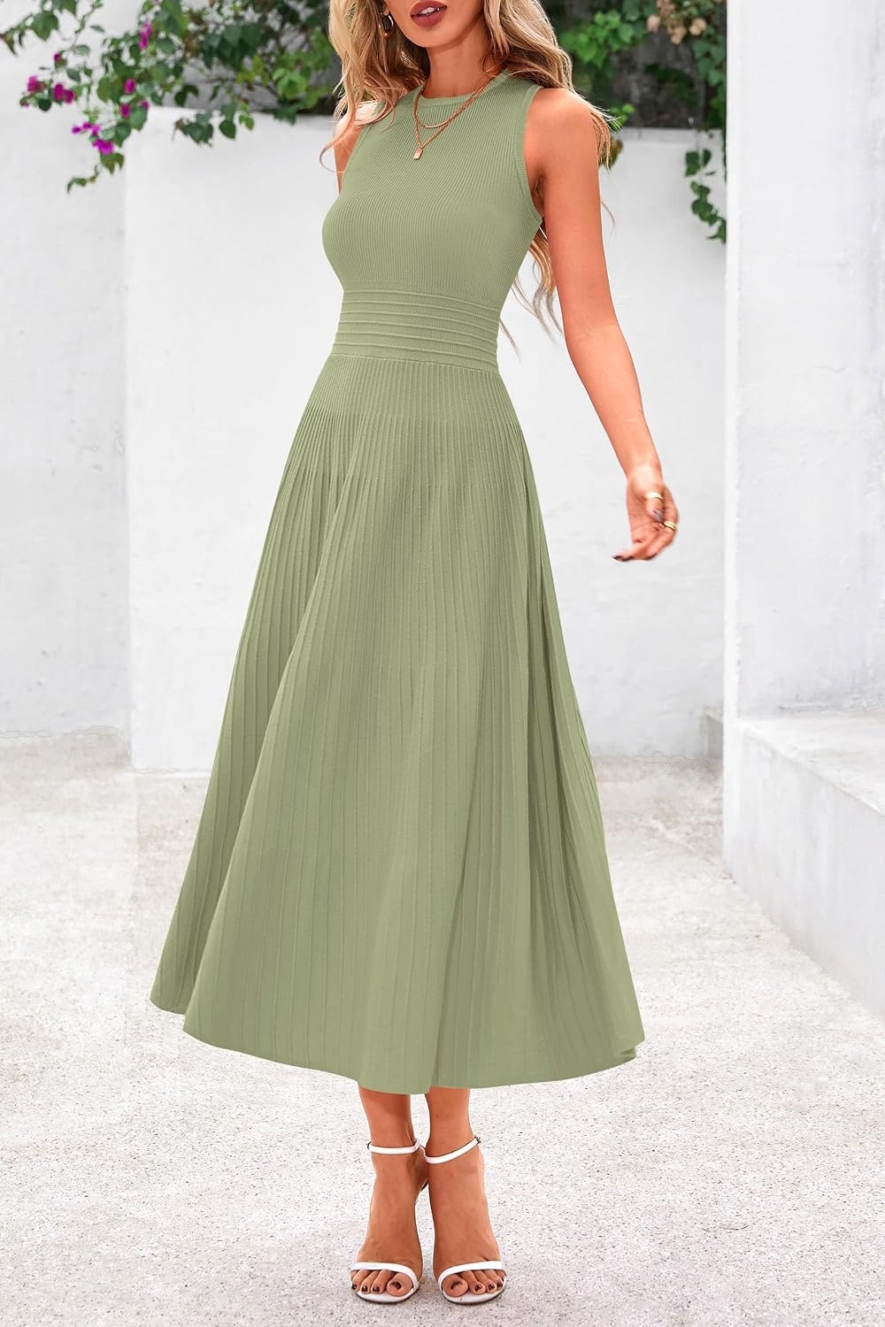 image:imagePRETTYGARDEN Womens Summer Pleated Midi Work Dress Sleeveless A Line Knit Business Dresses Spring Semi Formal Long Dress for Wedding Guest Cocktail Party Teacher OutfitsMist Green