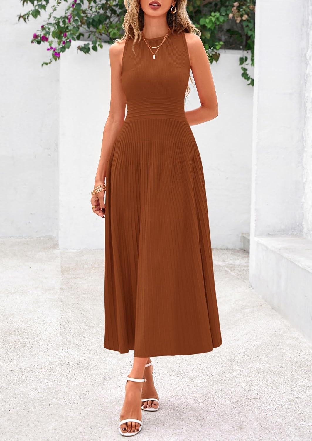 image:imagePRETTYGARDEN Womens Summer Pleated Midi Work Dress Sleeveless A Line Knit Business Dresses Spring Semi Formal Long Dress for Wedding Guest Cocktail Party Teacher OutfitsCaramel