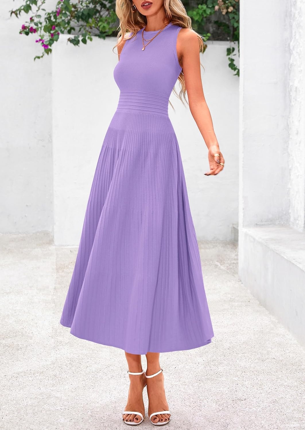 image:imagePRETTYGARDEN Womens Summer Pleated Midi Work Dress Sleeveless A Line Knit Business Dresses Spring Semi Formal Long Dress for Wedding Guest Cocktail Party Teacher OutfitsPurple
