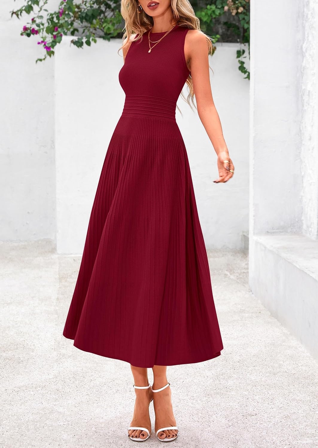 image:imagePRETTYGARDEN Womens Summer Pleated Midi Work Dress Sleeveless A Line Knit Business Dresses Spring Semi Formal Long Dress for Wedding Guest Cocktail Party Teacher OutfitsBurgundy
