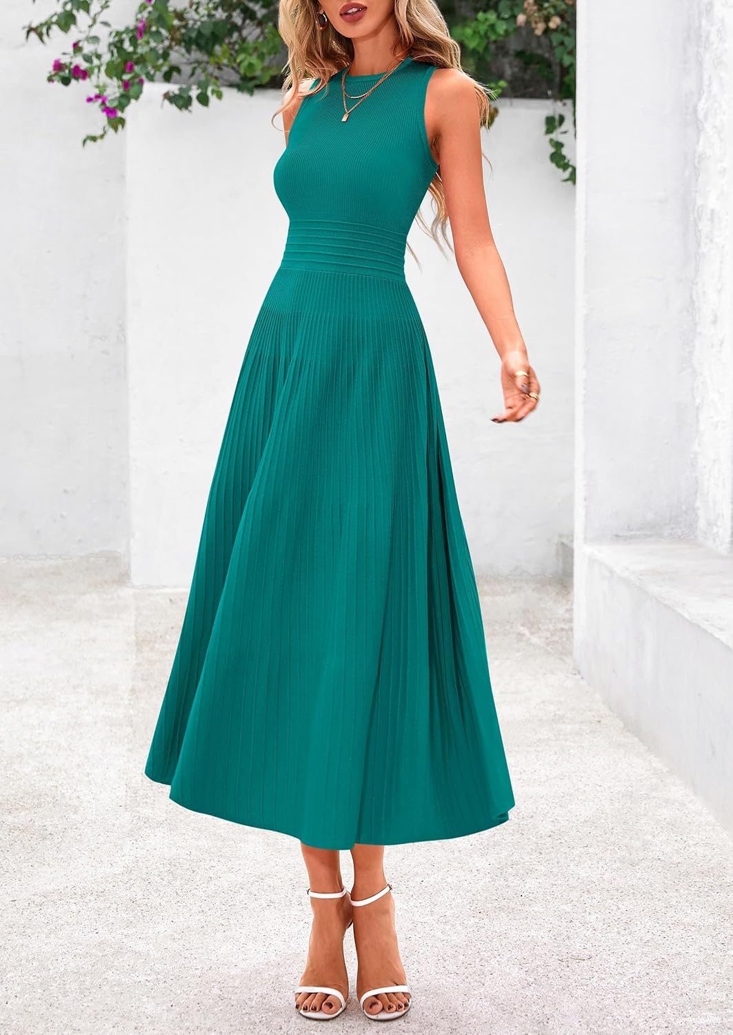 image:imagePRETTYGARDEN Womens Summer Pleated Midi Work Dress Sleeveless A Line Knit Business Dresses Spring Semi Formal Long Dress for Wedding Guest Cocktail Party Teacher OutfitsBlue Green