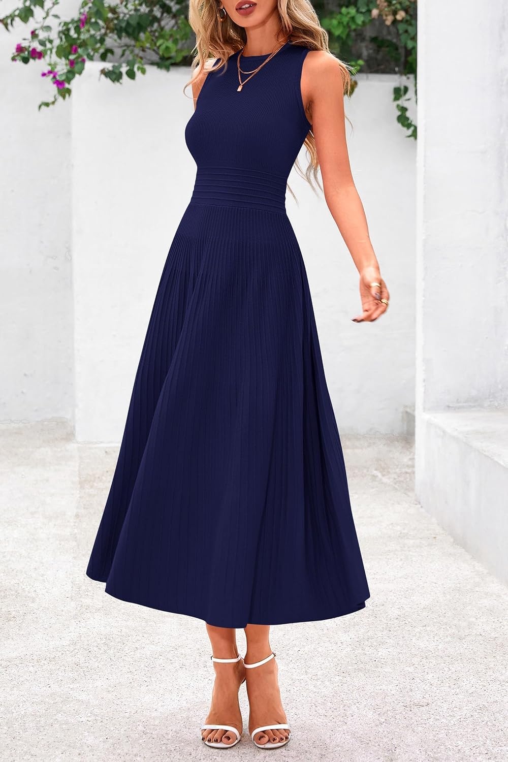 image:imagePRETTYGARDEN Womens Summer Pleated Midi Work Dress Sleeveless A Line Knit Business Dresses Spring Semi Formal Long Dress for Wedding Guest Cocktail Party Teacher OutfitsNavy