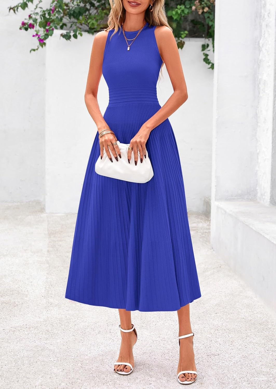 image:imagePRETTYGARDEN Womens Summer Pleated Midi Work Dress Sleeveless A Line Knit Business Dresses Spring Semi Formal Long Dress for Wedding Guest Cocktail Party Teacher OutfitsBrilliant Blue