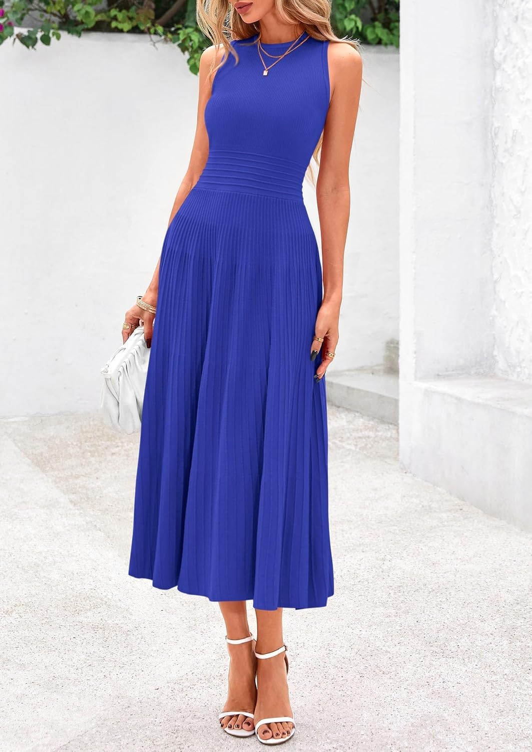 image:imagePRETTYGARDEN Womens Summer Pleated Midi Work Dress Sleeveless A Line Knit Business Dresses Spring Semi Formal Long Dress for Wedding Guest Cocktail Party Teacher OutfitsBrilliant Blue