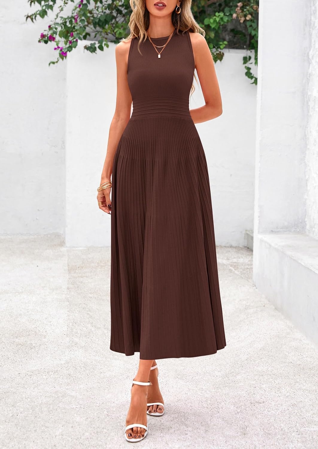 image:imagePRETTYGARDEN Womens Summer Pleated Midi Work Dress Sleeveless A Line Knit Business Dresses Spring Semi Formal Long Dress for Wedding Guest Cocktail Party Teacher OutfitsBrown