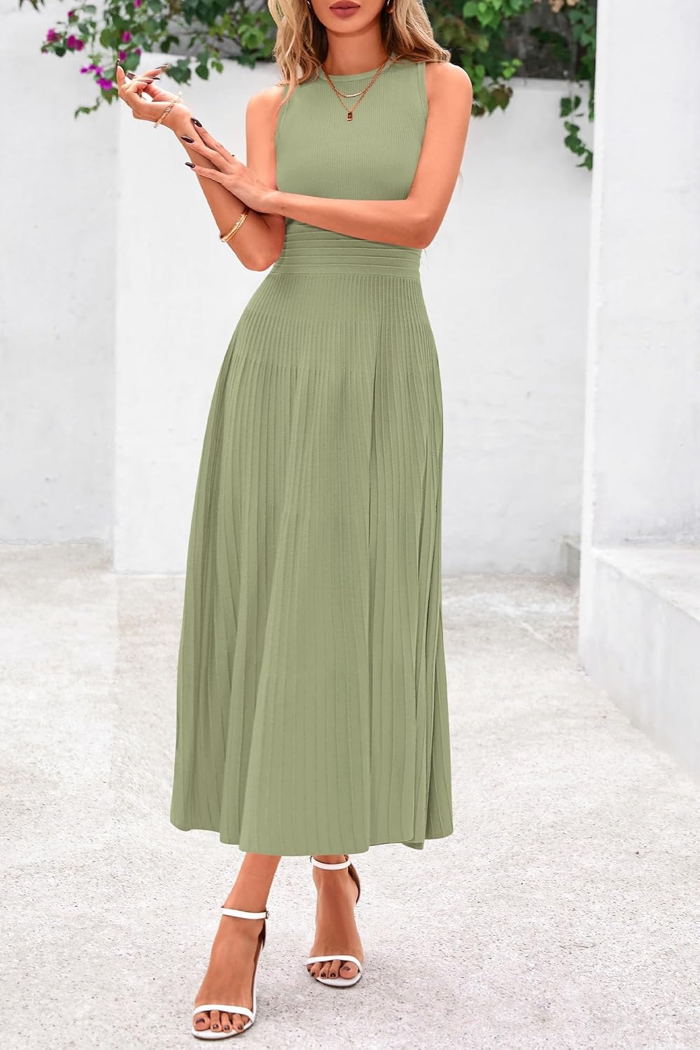 image:imagePRETTYGARDEN Womens Summer Pleated Midi Work Dress Sleeveless A Line Knit Business Dresses Spring Semi Formal Long Dress for Wedding Guest Cocktail Party Teacher OutfitsMist Green