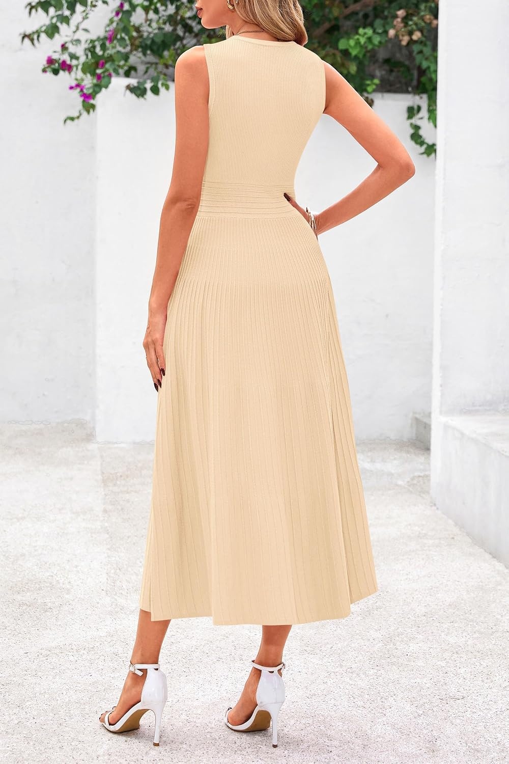image:imagePRETTYGARDEN Womens Summer Pleated Midi Work Dress Sleeveless A Line Knit Business Dresses Spring Semi Formal Long Dress for Wedding Guest Cocktail Party Teacher OutfitsApricot