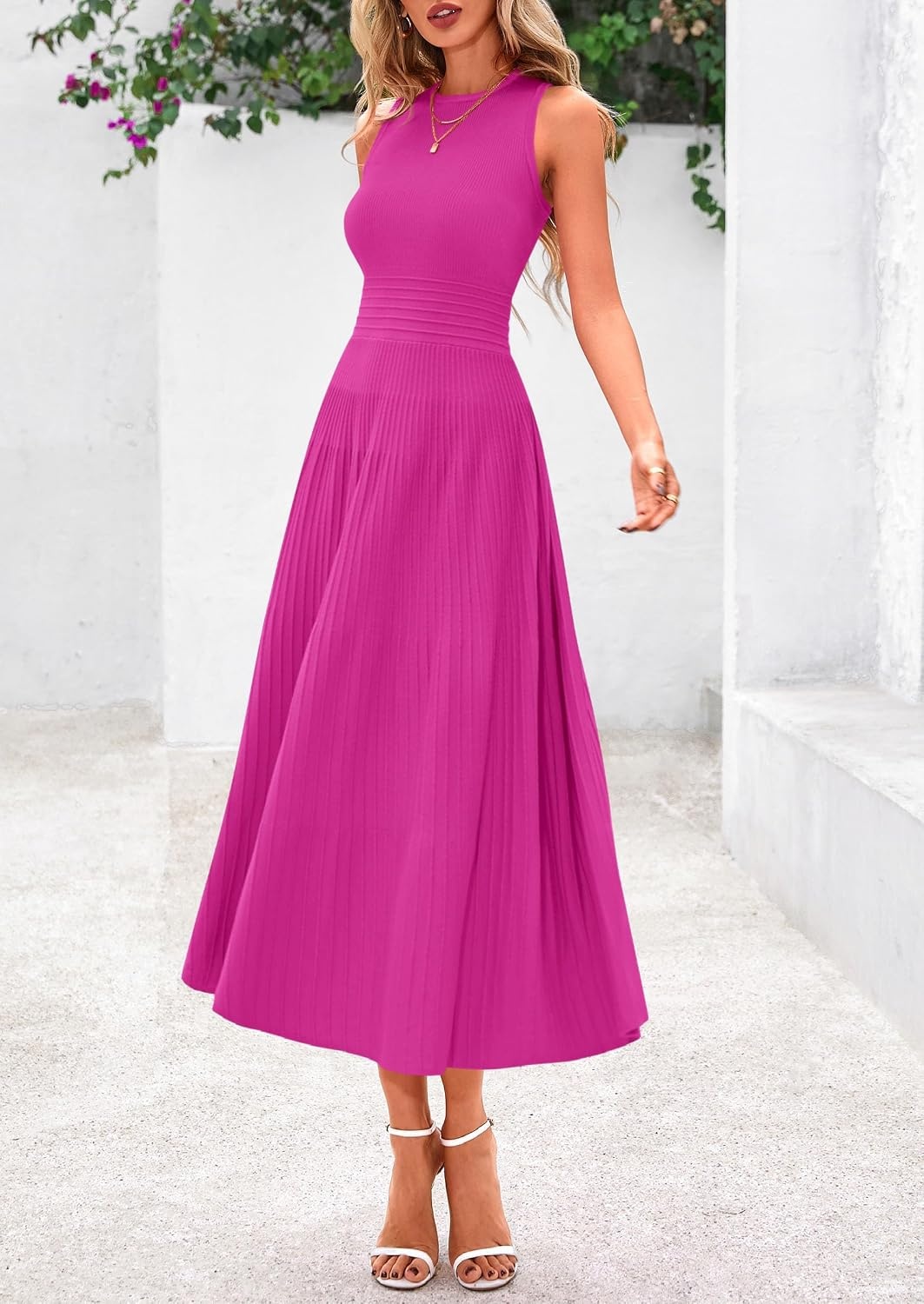 image:imagePRETTYGARDEN Womens Summer Pleated Midi Work Dress Sleeveless A Line Knit Business Dresses Spring Semi Formal Long Dress for Wedding Guest Cocktail Party Teacher OutfitsRose