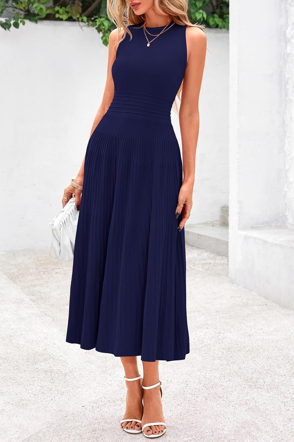 image:imagePRETTYGARDEN Womens Summer Pleated Midi Work Dress Sleeveless A Line Knit Business Dresses Spring Semi Formal Long Dress for Wedding Guest Cocktail Party Teacher OutfitsNavy