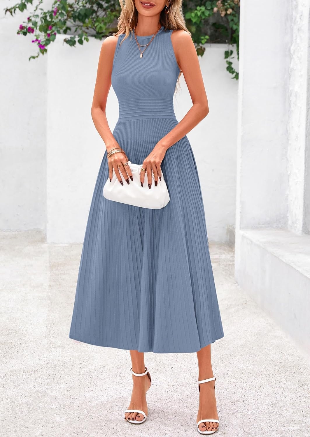 image:imagePRETTYGARDEN Womens Summer Pleated Midi Work Dress Sleeveless A Line Knit Business Dresses Spring Semi Formal Long Dress for Wedding Guest Cocktail Party Teacher OutfitsBlue Grey