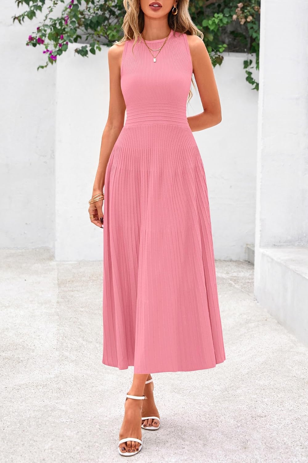 image:imagePRETTYGARDEN Womens Summer Pleated Midi Work Dress Sleeveless A Line Knit Business Dresses Spring Semi Formal Long Dress for Wedding Guest Cocktail Party Teacher OutfitsPink