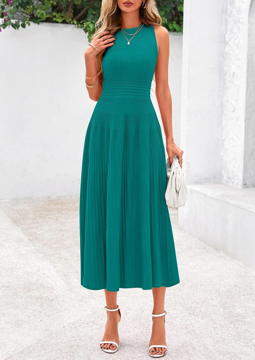 image:imagePRETTYGARDEN Womens Summer Pleated Midi Work Dress Sleeveless A Line Knit Business Dresses Spring Semi Formal Long Dress for Wedding Guest Cocktail Party Teacher OutfitsBlue Green