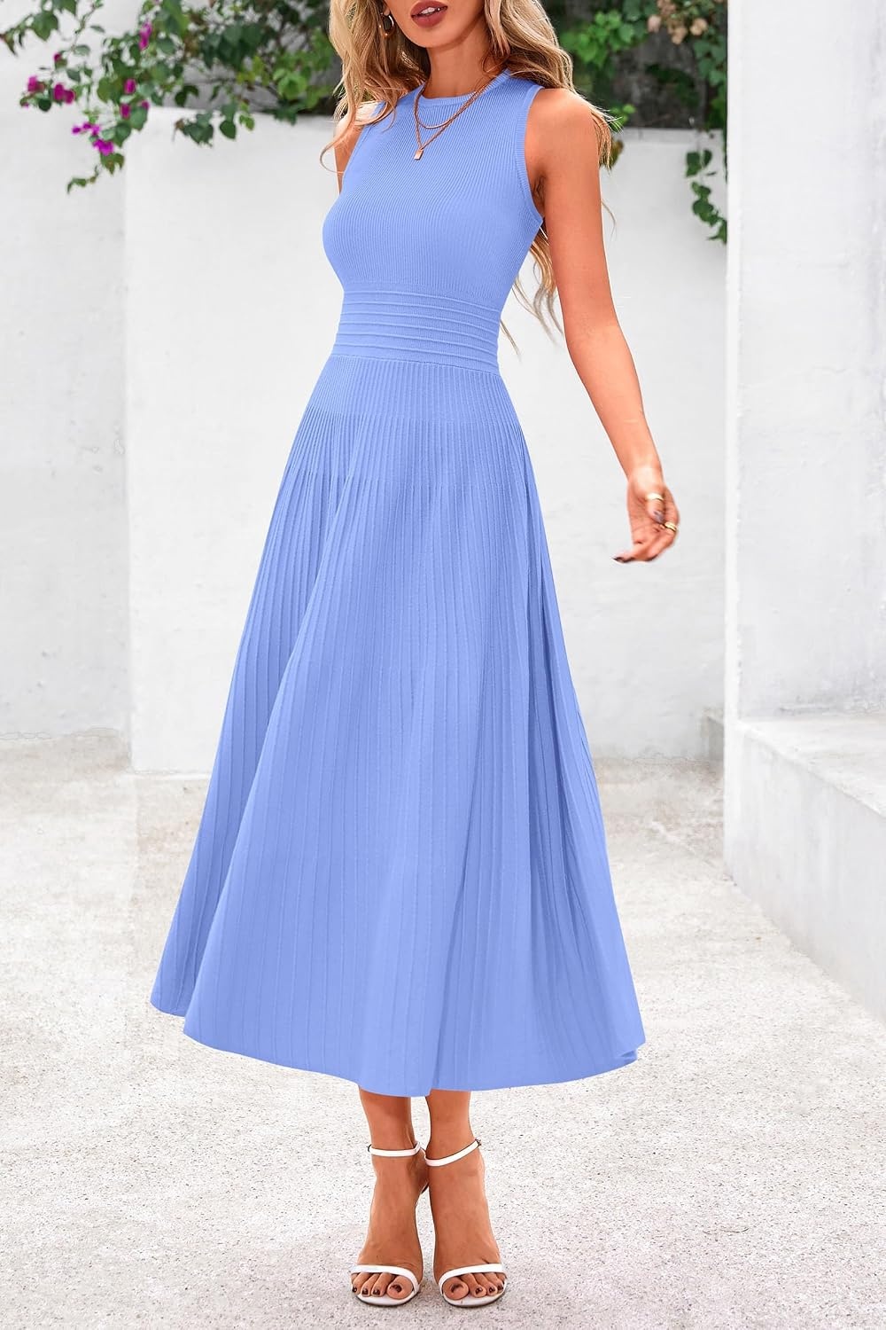 image:imagePRETTYGARDEN Womens Summer Pleated Midi Work Dress Sleeveless A Line Knit Business Dresses Spring Semi Formal Long Dress for Wedding Guest Cocktail Party Teacher OutfitsSky Blue