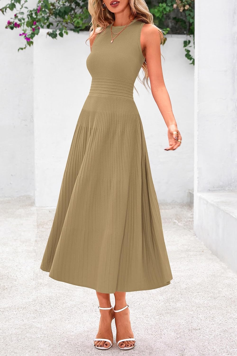 image:imagePRETTYGARDEN Womens Summer Pleated Midi Work Dress Sleeveless A Line Knit Business Dresses Spring Semi Formal Long Dress for Wedding Guest Cocktail Party Teacher OutfitsCamel