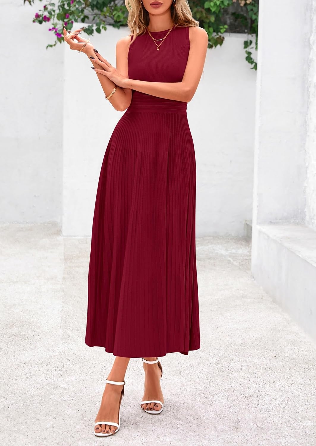image:imagePRETTYGARDEN Womens Summer Pleated Midi Work Dress Sleeveless A Line Knit Business Dresses Spring Semi Formal Long Dress for Wedding Guest Cocktail Party Teacher OutfitsBurgundy