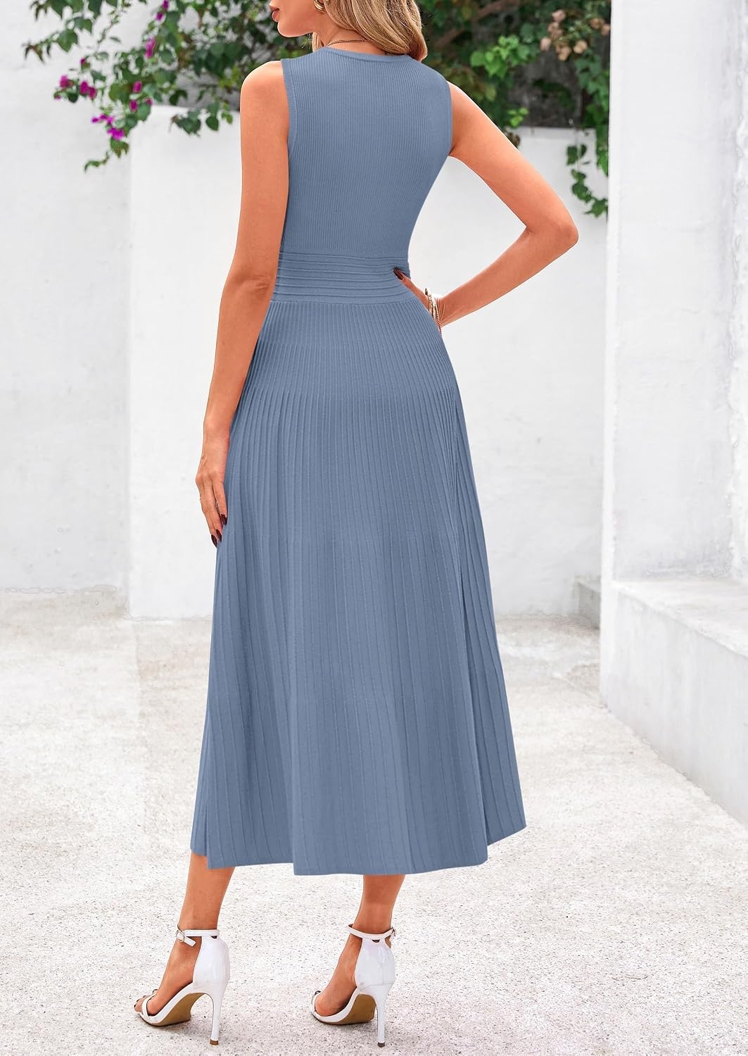 image:imagePRETTYGARDEN Womens Summer Pleated Midi Work Dress Sleeveless A Line Knit Business Dresses Spring Semi Formal Long Dress for Wedding Guest Cocktail Party Teacher OutfitsBlue Grey