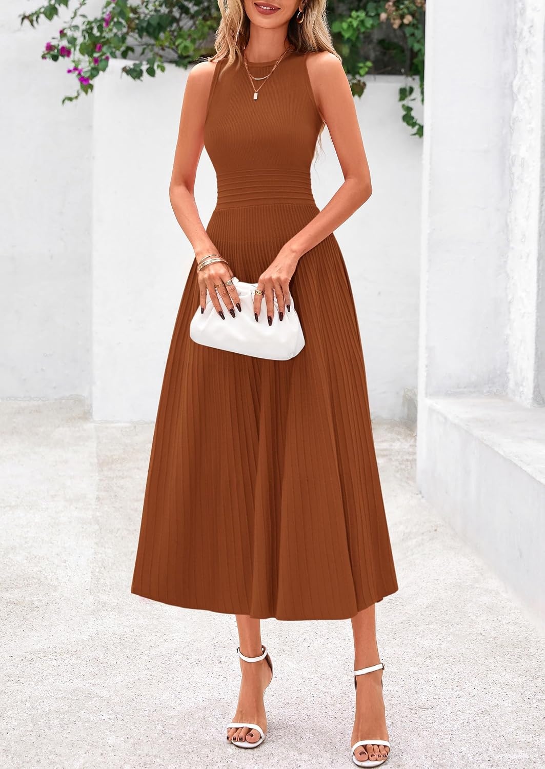 image:imagePRETTYGARDEN Womens Summer Pleated Midi Work Dress Sleeveless A Line Knit Business Dresses Spring Semi Formal Long Dress for Wedding Guest Cocktail Party Teacher OutfitsCaramel