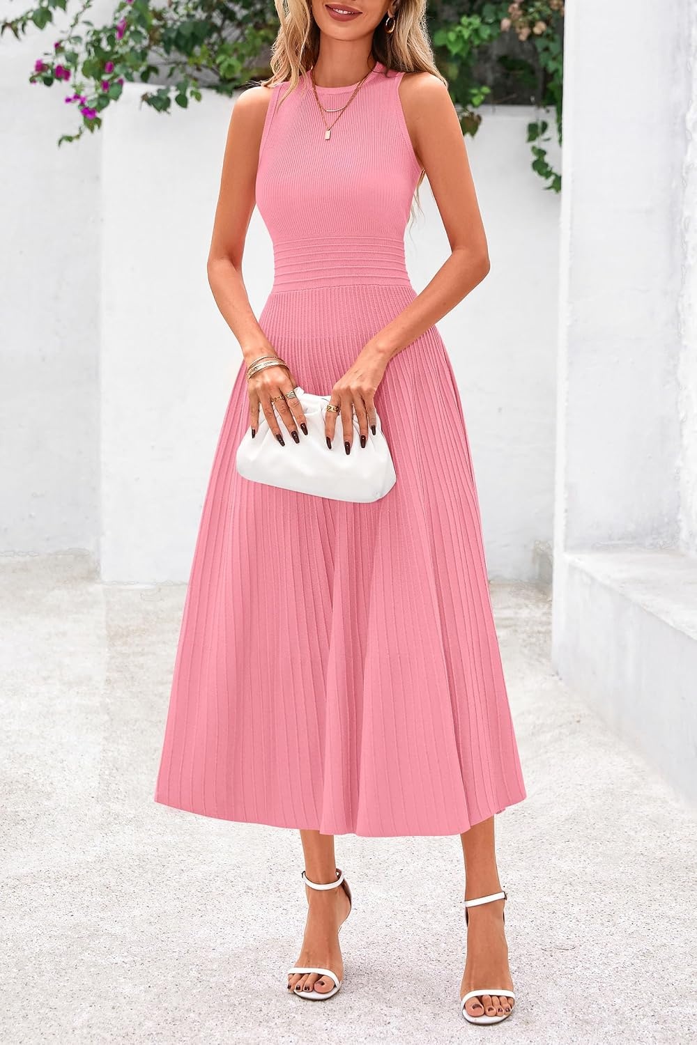 image:imagePRETTYGARDEN Womens Summer Pleated Midi Work Dress Sleeveless A Line Knit Business Dresses Spring Semi Formal Long Dress for Wedding Guest Cocktail Party Teacher OutfitsPink