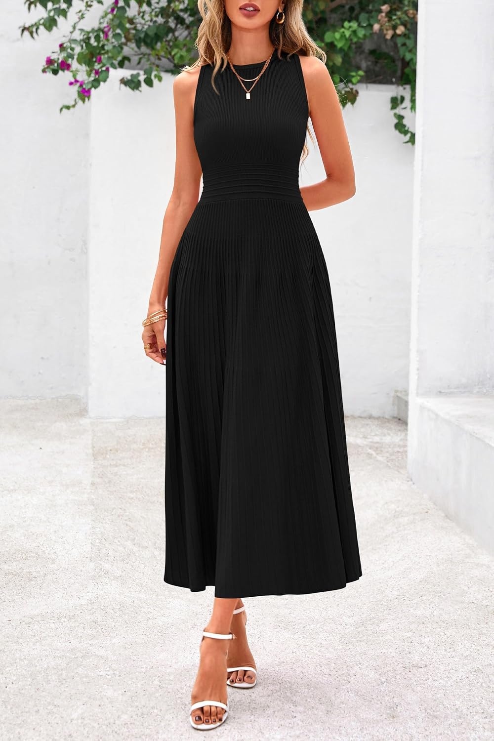 image:imagePRETTYGARDEN Womens Summer Pleated Midi Work Dress Sleeveless A Line Knit Business Dresses Spring Semi Formal Long Dress for Wedding Guest Cocktail Party Teacher OutfitsBlack