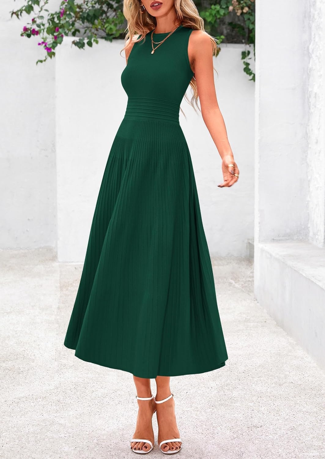 image:imagePRETTYGARDEN Womens Summer Pleated Midi Work Dress Sleeveless A Line Knit Business Dresses Spring Semi Formal Long Dress for Wedding Guest Cocktail Party Teacher OutfitsDark Green