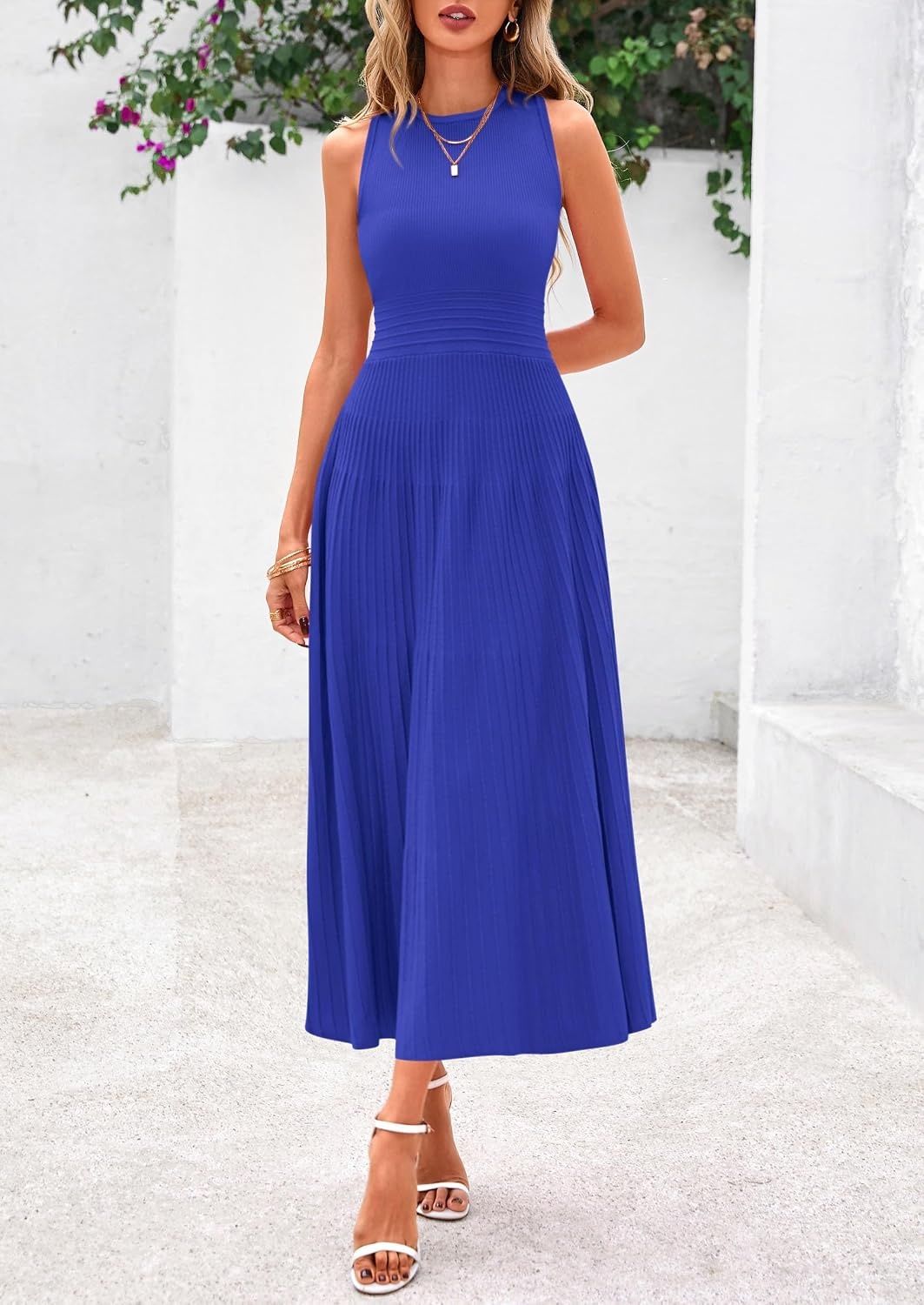 image:imagePRETTYGARDEN Womens Summer Pleated Midi Work Dress Sleeveless A Line Knit Business Dresses Spring Semi Formal Long Dress for Wedding Guest Cocktail Party Teacher OutfitsBrilliant Blue