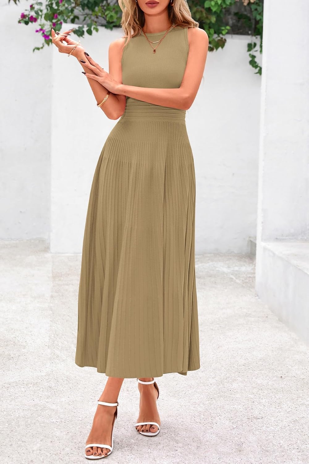 image:imagePRETTYGARDEN Womens Summer Pleated Midi Work Dress Sleeveless A Line Knit Business Dresses Spring Semi Formal Long Dress for Wedding Guest Cocktail Party Teacher OutfitsCamel