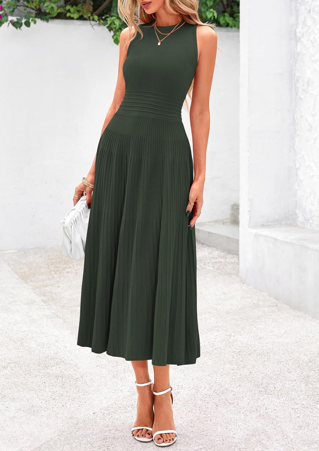 image:imagePRETTYGARDEN Womens Summer Pleated Midi Work Dress Sleeveless A Line Knit Business Dresses Spring Semi Formal Long Dress for Wedding Guest Cocktail Party Teacher OutfitsArmy Green