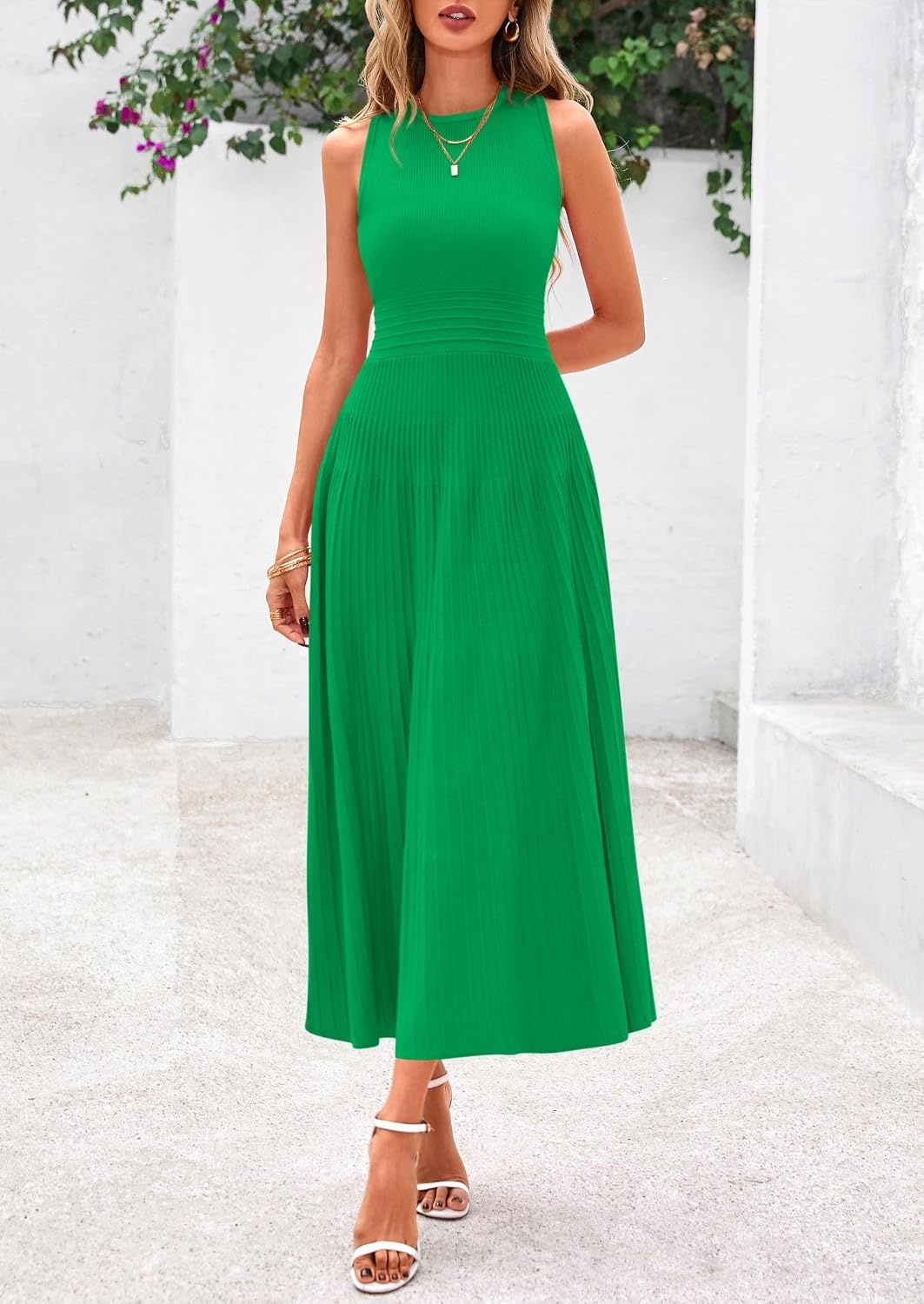 image:imagePRETTYGARDEN Womens Summer Pleated Midi Work Dress Sleeveless A Line Knit Business Dresses Spring Semi Formal Long Dress for Wedding Guest Cocktail Party Teacher OutfitsGreen