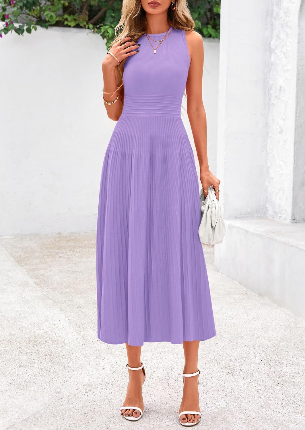 image:imagePRETTYGARDEN Womens Summer Pleated Midi Work Dress Sleeveless A Line Knit Business Dresses Spring Semi Formal Long Dress for Wedding Guest Cocktail Party Teacher OutfitsPurple