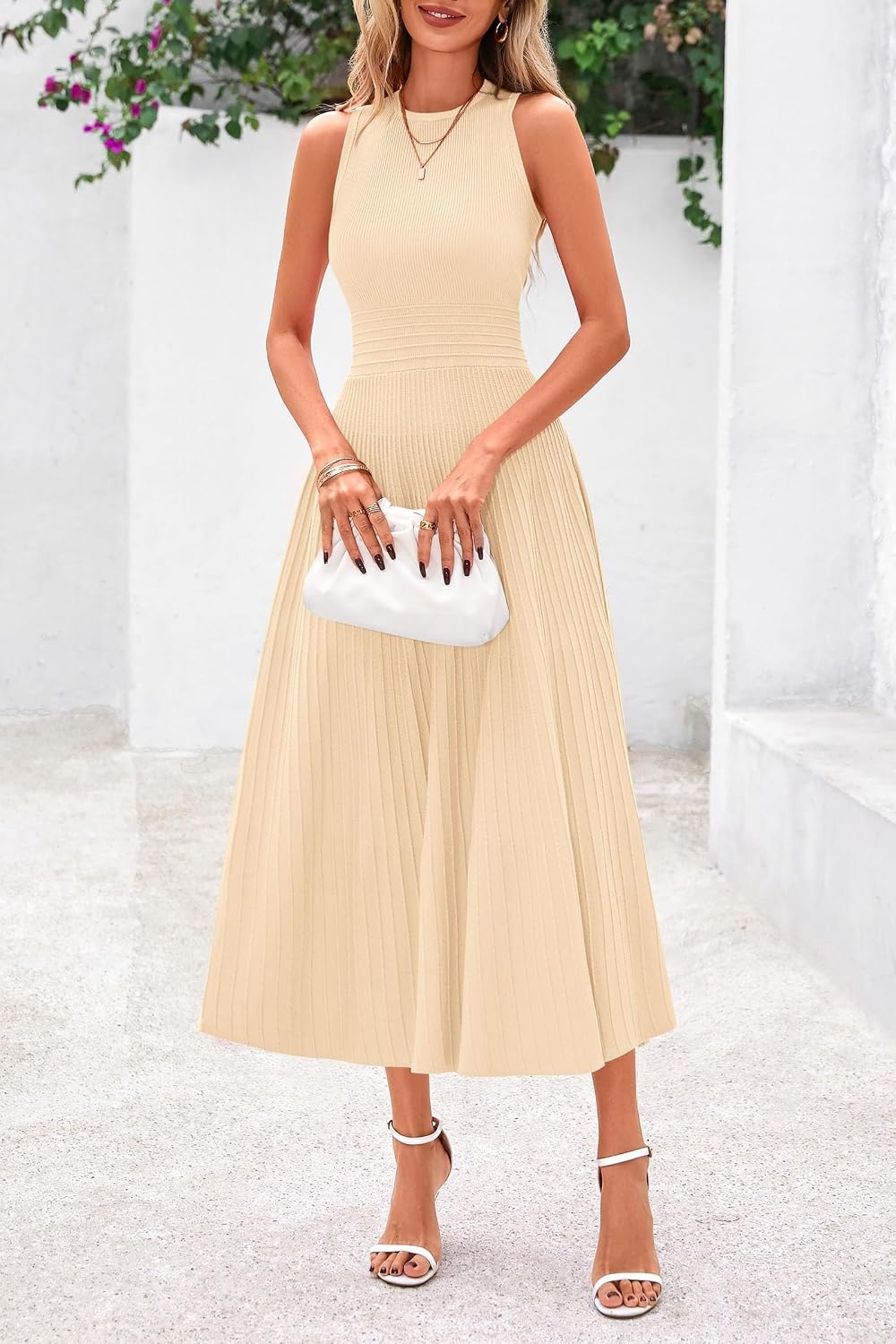 image:imagePRETTYGARDEN Womens Summer Pleated Midi Work Dress Sleeveless A Line Knit Business Dresses Spring Semi Formal Long Dress for Wedding Guest Cocktail Party Teacher OutfitsApricot