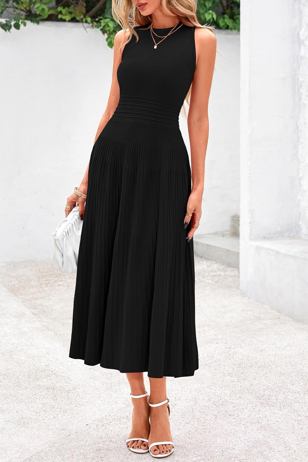image:imagePRETTYGARDEN Womens Summer Pleated Midi Work Dress Sleeveless A Line Knit Business Dresses Spring Semi Formal Long Dress for Wedding Guest Cocktail Party Teacher OutfitsBlack
