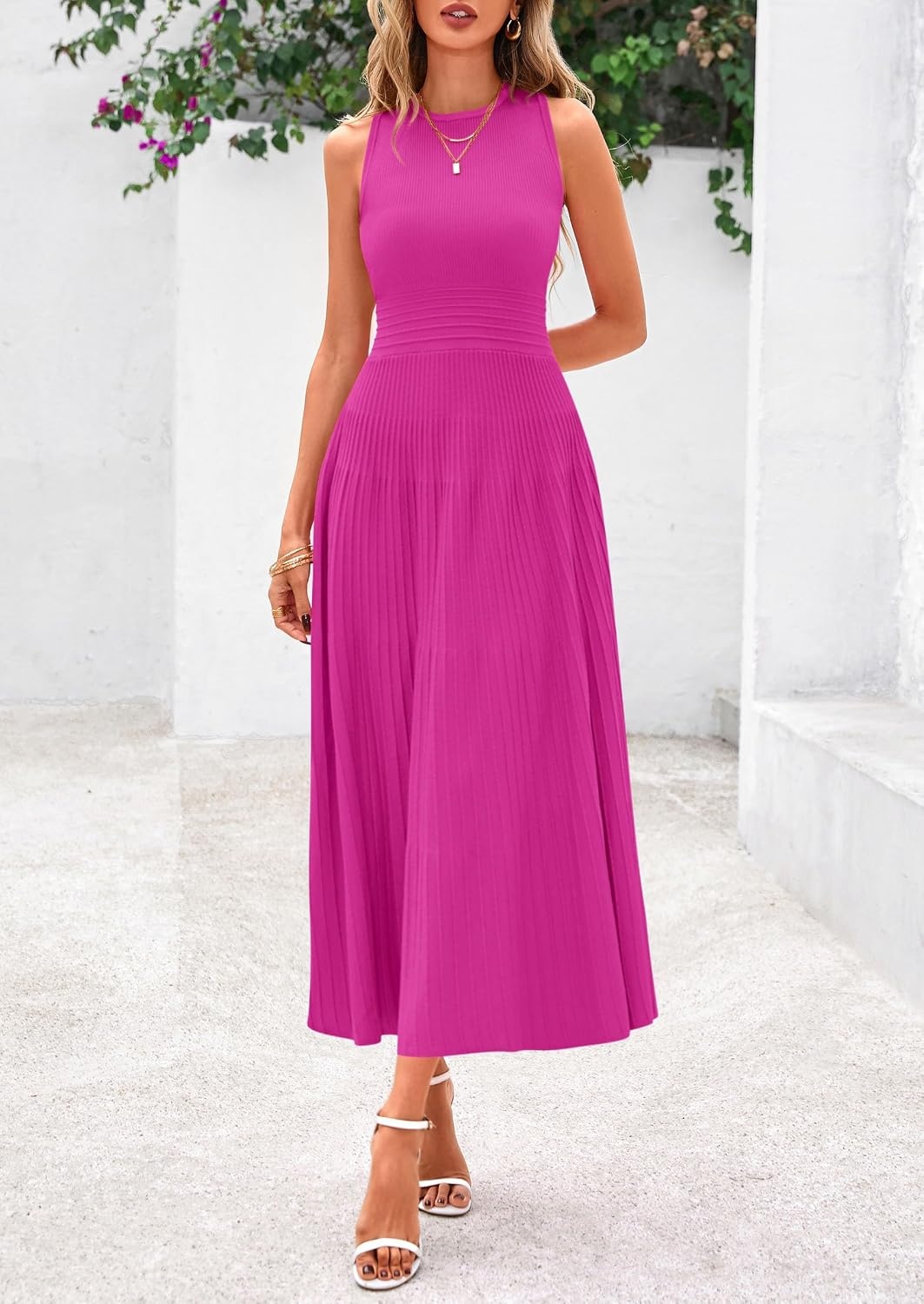 image:imagePRETTYGARDEN Womens Summer Pleated Midi Work Dress Sleeveless A Line Knit Business Dresses Spring Semi Formal Long Dress for Wedding Guest Cocktail Party Teacher OutfitsRose