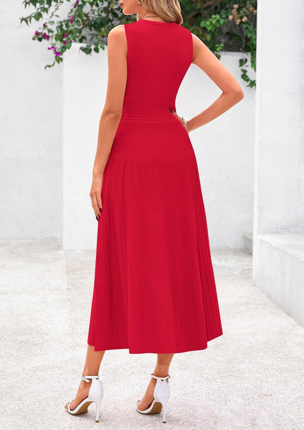image:imagePRETTYGARDEN Womens Summer Pleated Midi Work Dress Sleeveless A Line Knit Business Dresses Spring Semi Formal Long Dress for Wedding Guest Cocktail Party Teacher OutfitsRed