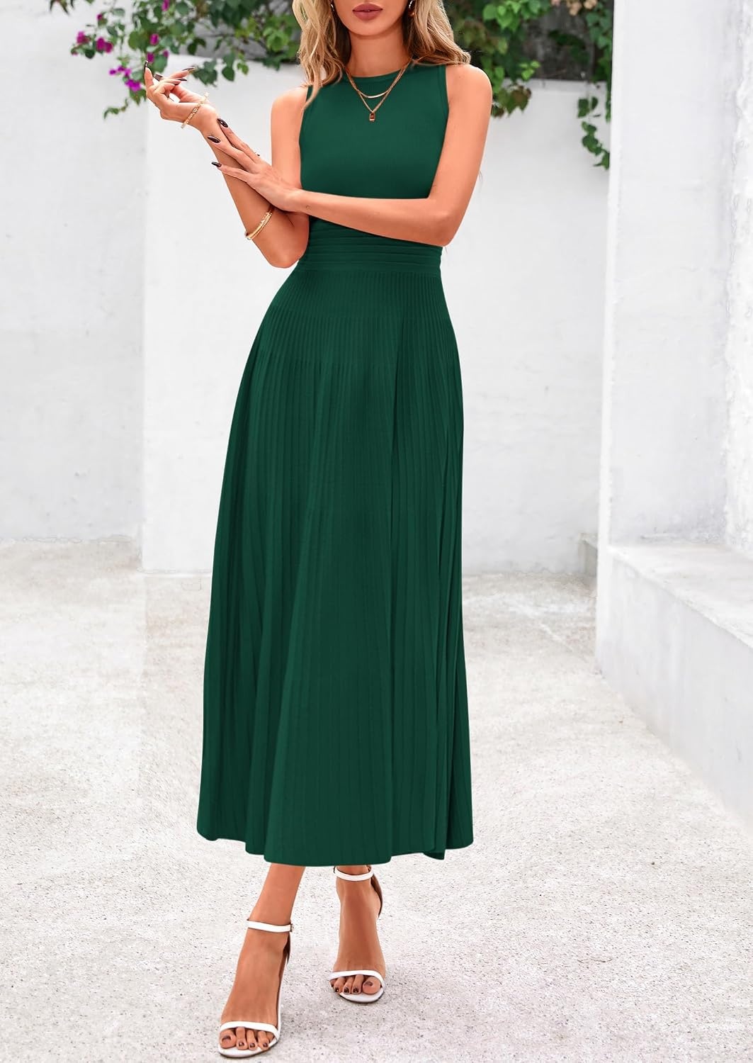image:imagePRETTYGARDEN Womens Summer Pleated Midi Work Dress Sleeveless A Line Knit Business Dresses Spring Semi Formal Long Dress for Wedding Guest Cocktail Party Teacher OutfitsDark Green