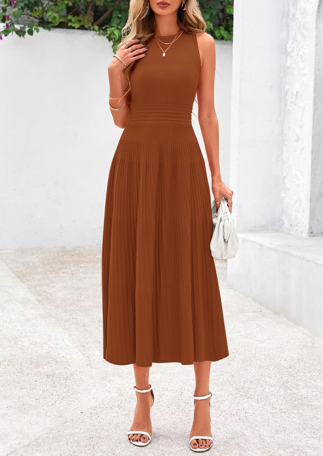 image:imagePRETTYGARDEN Womens Summer Pleated Midi Work Dress Sleeveless A Line Knit Business Dresses Spring Semi Formal Long Dress for Wedding Guest Cocktail Party Teacher OutfitsCaramel
